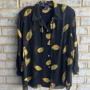 R. J. Collection Silk 3/4 Sleeve Button Up Leaves Print Layers Blouse Size L